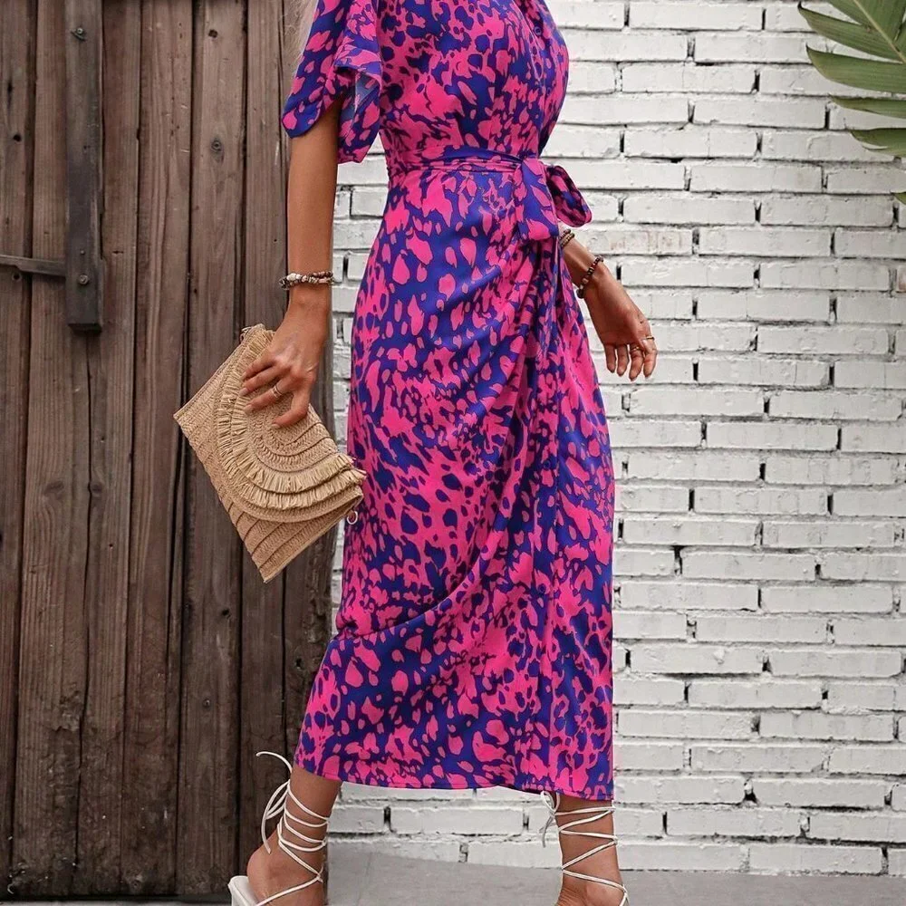 Multicolor Boho Womens Allover Print Batwing Sleeve Belted Shirt Dress - Picture 3 of 5